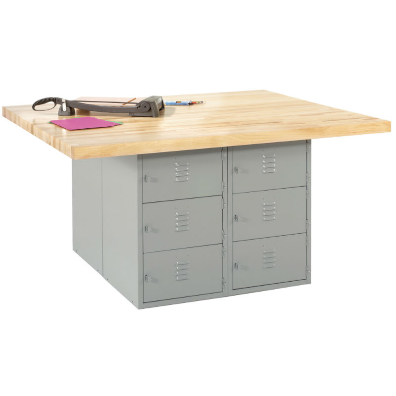 Forum Industrial Arts Four-Station Steel Workbench with 6 Horizontal Lockers 