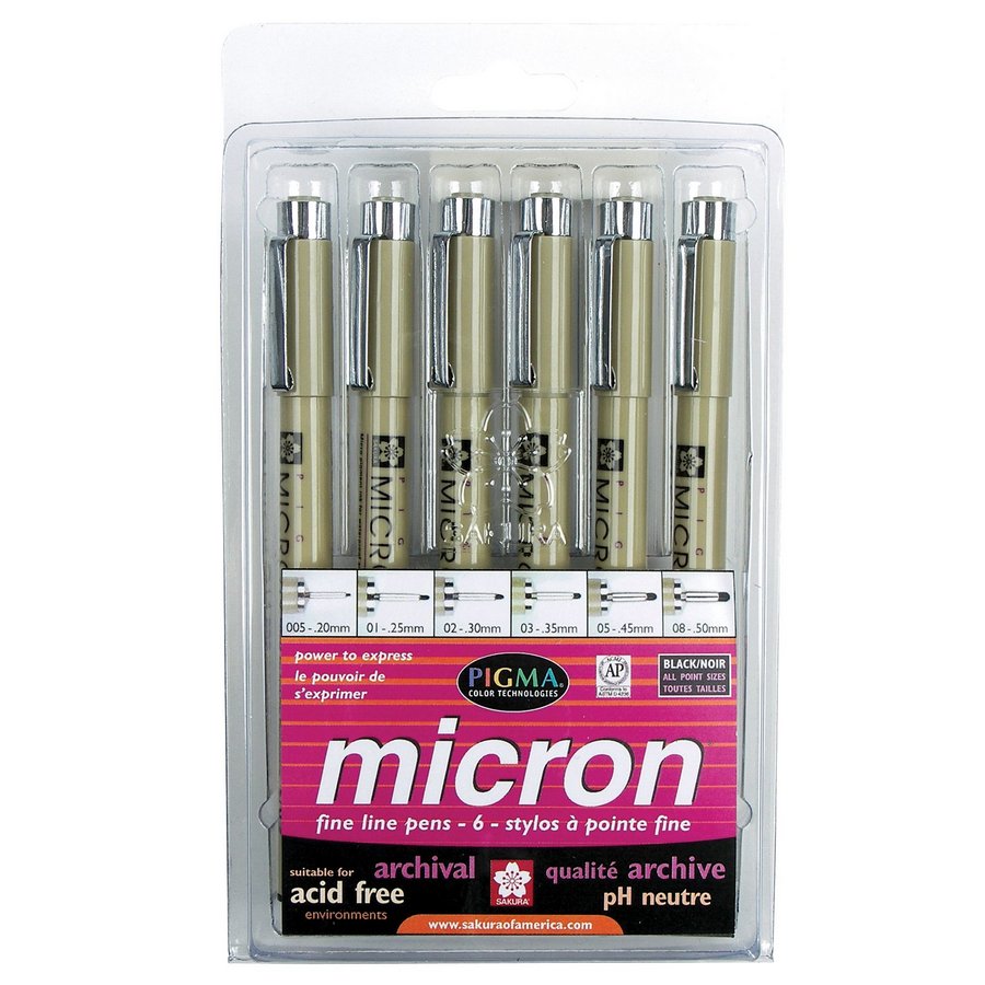 Sakura Pigma 30062 Micron Blister Card Ink Pen Set Black Asst Point Sizes 6CT Set 1 