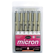 Pigma Micron Black Pen Set 6-Pack Art Supplies, Art Markers, Drawing and Sketching Markers, Pigma Micron Fine Line Design Pens