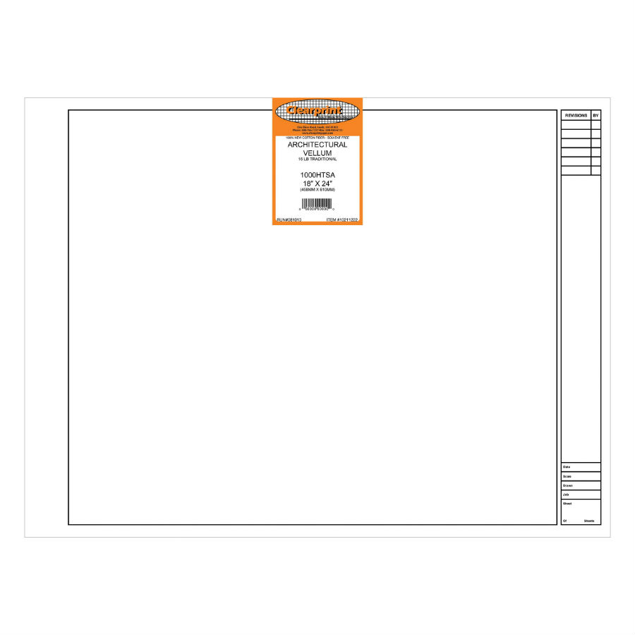 10201518 12 x 18 Inches 16 lb. 1 Each Clearprint 1000H Design Vellum Sheets 100% Cotton Translucent White 100 Sheets Per Pack 